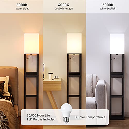 SUNMORY Black Floor Lamp with Shelves and Drawer, Solid Wood with USB & Power Outlets