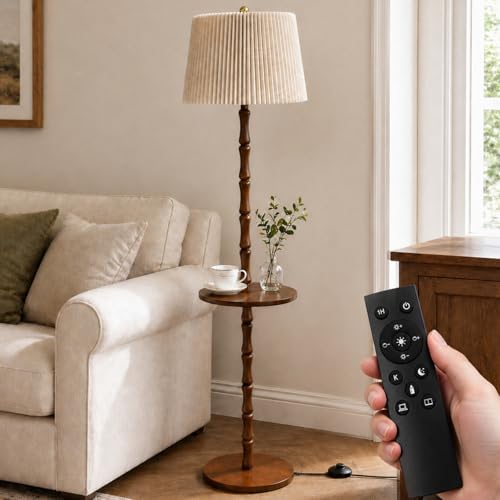 Wood Floor Lamp with Built-in Tray, Remote, Dimmable & 3 Color Temperatures - Light Walnut - Adjustable & Easy Setup
