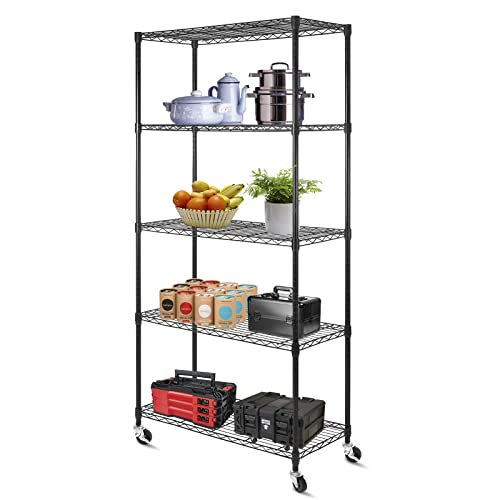 5-Tier Heavy Duty Wire Shelving Unit with Wheels - 36"D x 16"W x 75"H, Adjustable Storage Rack