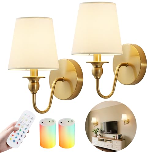 Gold Battery Operated Wall Sconces Set of 2 - Dimmable RGB LED with Remote