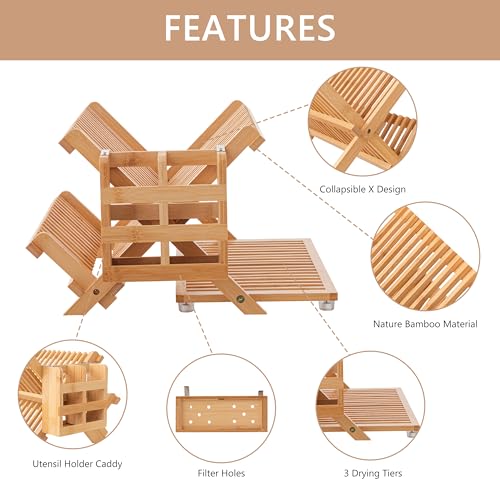 Bambooa 3-Tier Collapsible Bamboo Dish Drying Rack with Utensil Holder