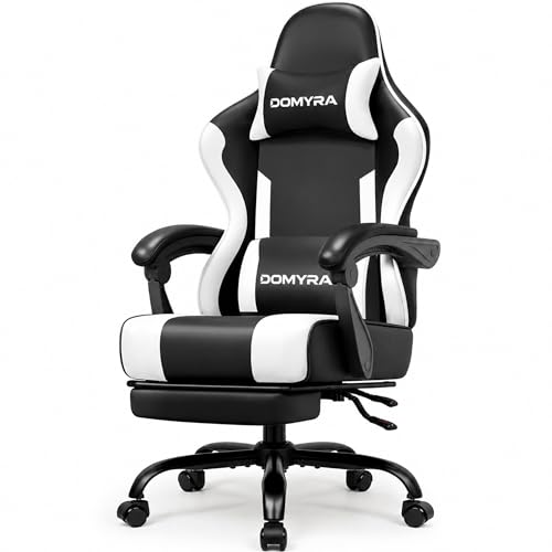 VOYADOTE Gaming Chair with Footstool, Ergonomic Lumbar Support, Deep Black