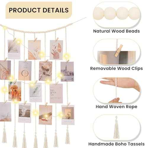 Macrame Hanging Photo Display Boho Wall Decor with String Lights Wooden Beads Garland Picture Frame Collage Holder with 30 Clips for Room, Bedroom, Dorm, Christmas Teenage Teen Girl Gifts (Beige, Medium)