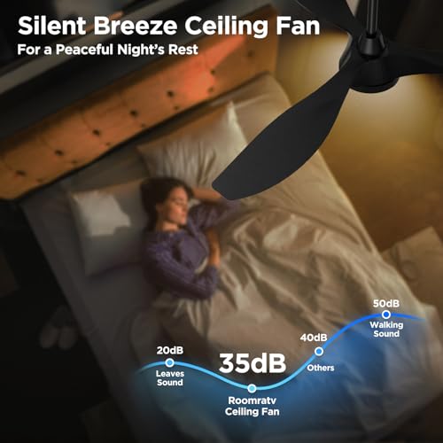 Roomratv 52 Inch Black Modern Ceiling Fan with Dimmable LED Light & Remote