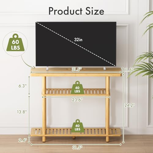 Natural Bamboo Small TV Stand for Up to 32 Inch - 3-Tier Entryway Console Shelf