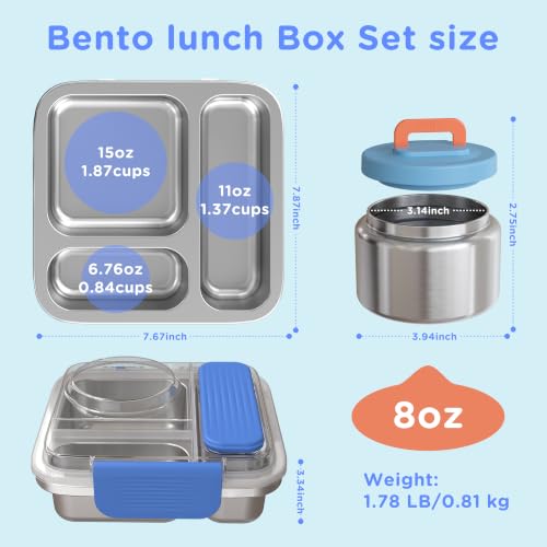 Kids & Adult Stainless Steel Bento Lunch Box Set with 8oz Insulated Food Jar - Blue