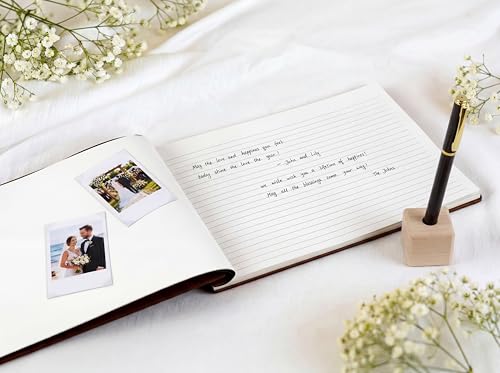 Wedding Guest Book with Signing Pen and Photo Slots - Cherry Wood Cover