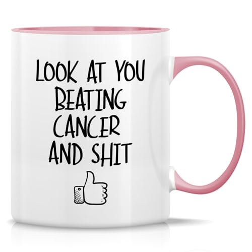 Retreez Funny Cancer Beating 11oz Ceramic Mug - White with Pink Handle & Inner