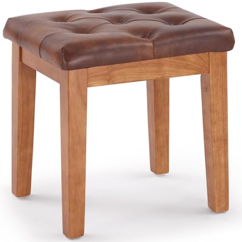 Retro Brown Ottoman Vanity Stool with Padded Linen Seat - Wooden Frame