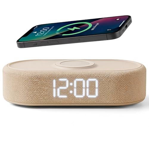 Fabric Digital Alarm Clock with Wireless Charging - Beige - Dual Alarm & Dimmable Display