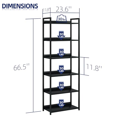 NUMENN 6 Tier Wide Freestanding Bookshelf, Black - Modern Multi-Use Shelving Unit