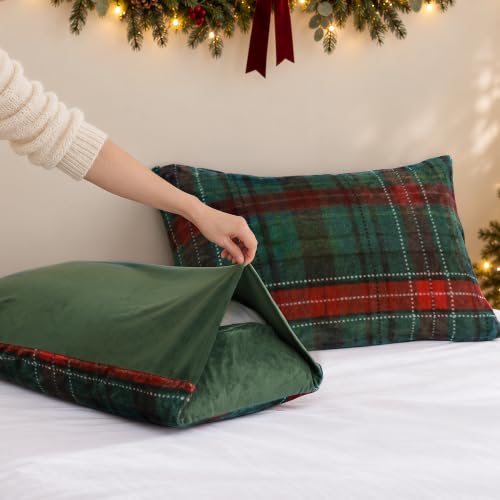 JANZAA 3-Piece Queen Green Plaid Flannel Comforter Set (90x90) — Includes 1 Comforter + 2 Pillow Shams