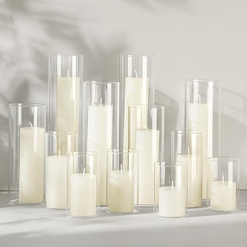 Ivory Glass Cylinder Vase Set with 12 Pillar Candles - 6 Sizes, Romantic Decor