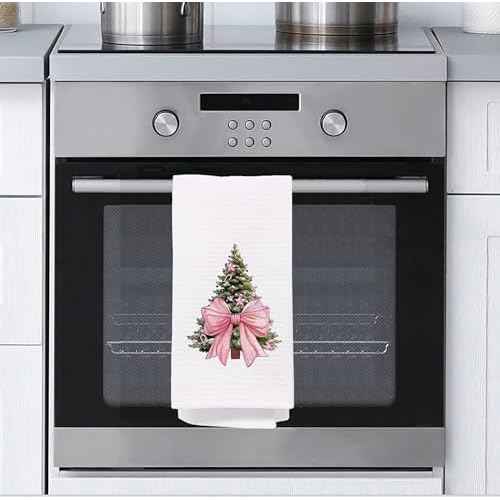 Pink Christmas Tree Kitchen Towels - Pink Christmas Decorations, Christmas Tea Towels, Pink Christmas Kitchen Bathroom Towels,Christmas Hand Towels Pink, 16 x 24 Inch