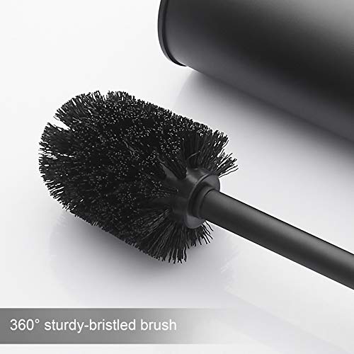 Matte Black Stainless Steel Toilet Brush with Holder & 2 Black Bristle Heads