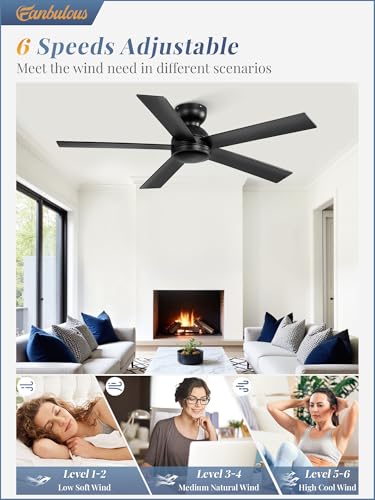 48 Inch Black Ceiling Fan No Light with Remote - Flush Mount, 6-Speed