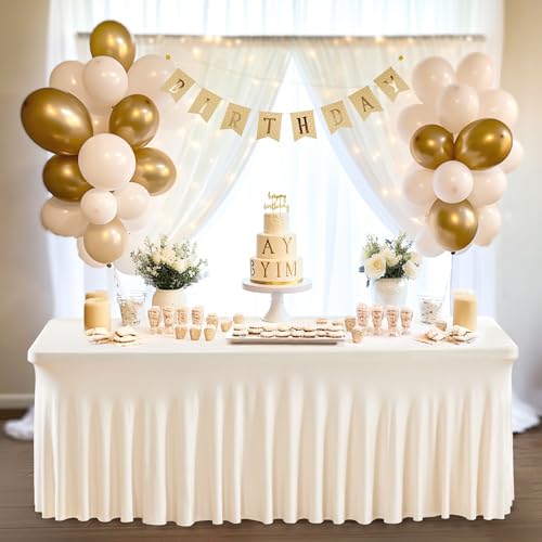 Party Talk Ivory 6ft Spandex Table Cover with Skirt - 6 Pack, Wrinkle-Resistant