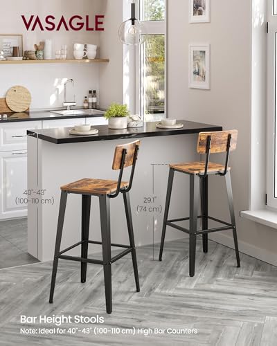 VASAGLE Set of 2 Industrial Rustic Brown and Ink Black Bar Stools 29.7 Inches Tall with Back