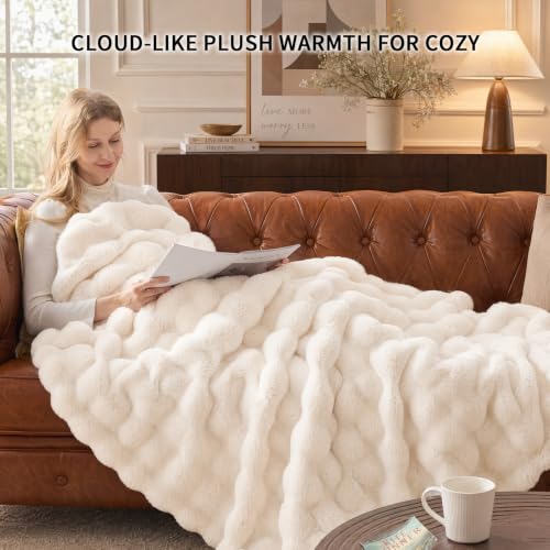 IKALIFE Cozy Bubble Faux Fur Throw Blanket - Cream, 50x60 Inches