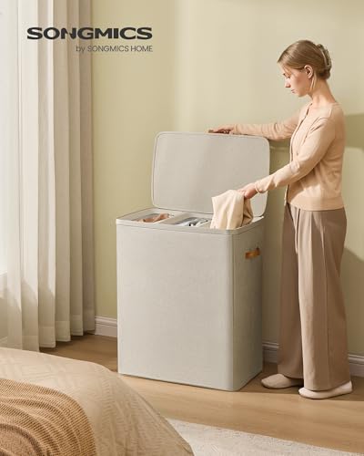 SONGMICS 190L Laundry Hamper with Lid & 3 Removable Bags - Cappuccino Beige
