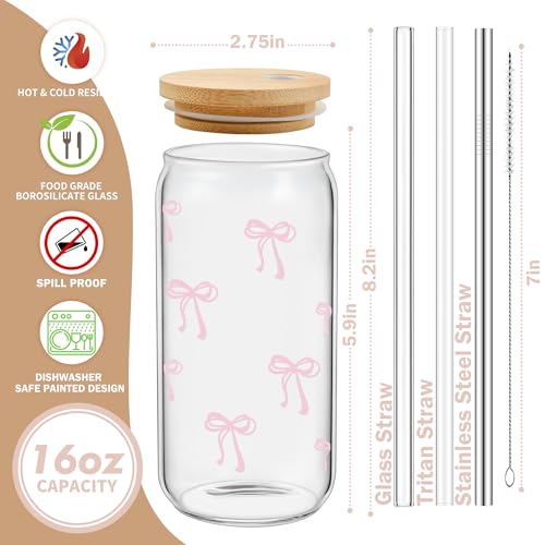BIPEDS Coquette Pink Bow Glass Cup with Lids & Straws - Bow Pink 01