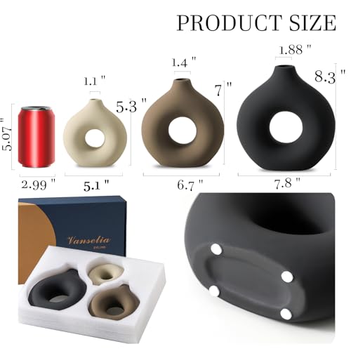 Vanselia Classic Ceramic Vase Set of 3 - Modern Donut-Shaped Table Decor