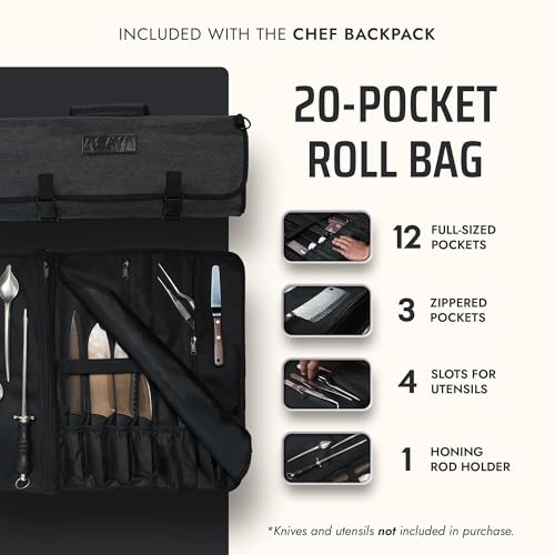 Black Chef Knife Backpack with 20-Pocket Knife Roll - Professional Culinary Bag
