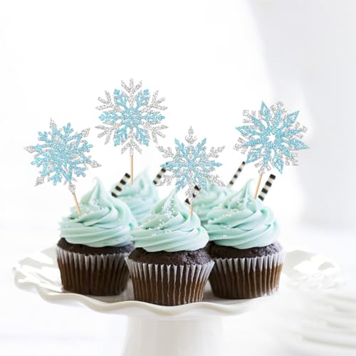 24PCS Glitter Snowflake Cupcake Toppers for Christmas & Winter Parties