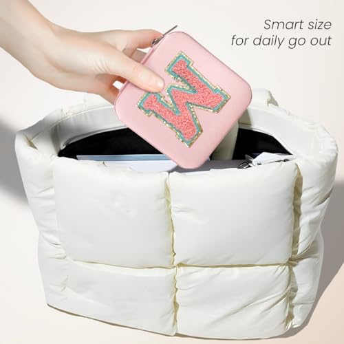 Pink Travel Jewelry Box with Initial W - Monogrammed Jewelry Organizer for Girls Women Teens