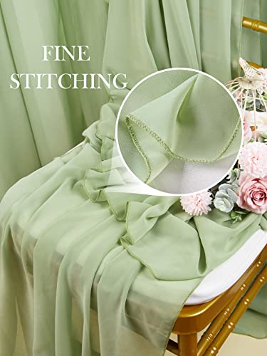Sage Green Table Runner 27x120in Chiffon 1pc with White Ribbon – 10ft Wedding Decor