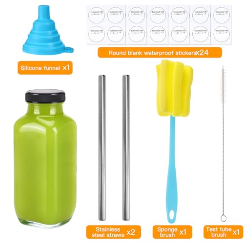 CUCUMI 24pcs 16oz Glass Juice Bottles with Lids, Stickers, & Accessories