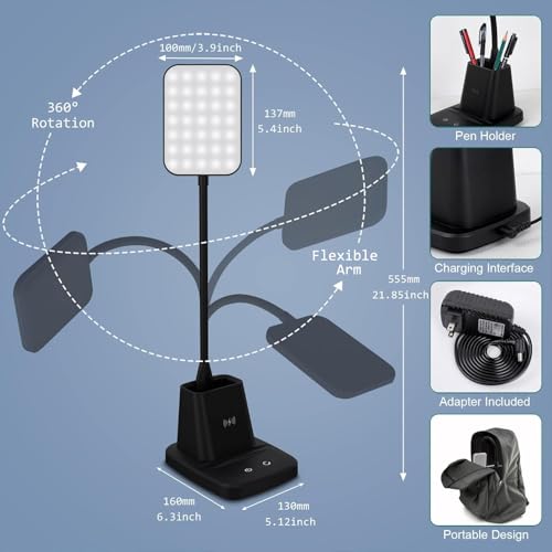 Black LED Desk Lamp with 10W Wireless Charging & Pen Holder - Modern Office Light