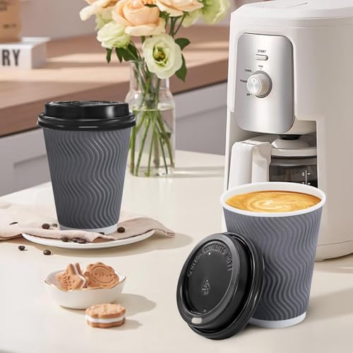 Gray 12 oz Disposable Coffee Cups with Lids - Clawsoff 100 Pack