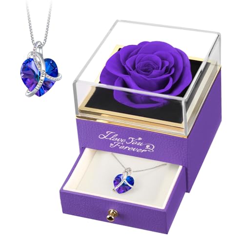 EleShow Preserved Real Rose with Heart Necklace, Eternal Flowers I