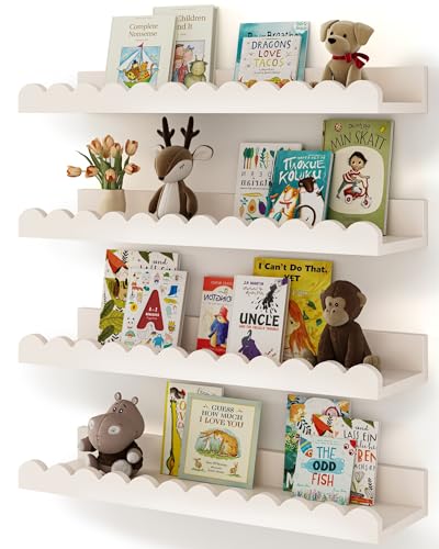 Shario Nursery Book Shelves, 4-Pack White Floating Shelves for Wall