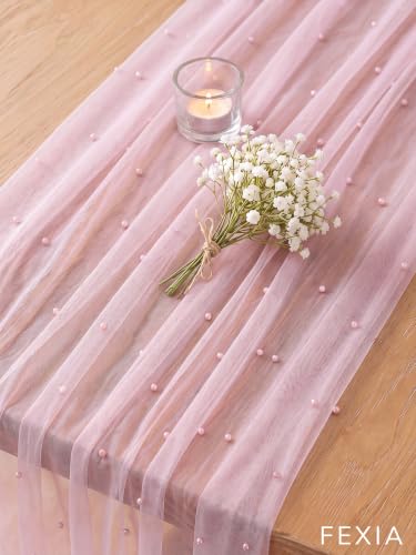 Pink Pearl 10ft Table Runner Tulle Gauze with Pearls - 27x120 inches, Soft Pink
