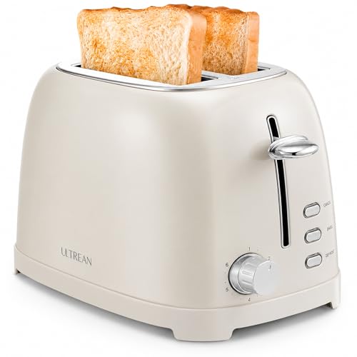 Ultrean Cream 2-Slice Toaster with Wide Slots, 6 Browning Levels & Removable Crumb Tray