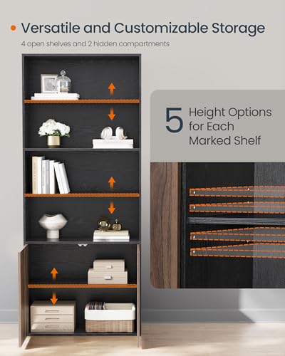 SONGMICS HOME Snapsemble 6-Tier Book Shelf with Doors, Adjustable Shelves, Ebony Black + Natural Walnut
