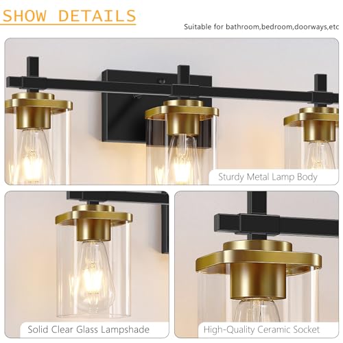 Black and Gold Bathroom Light Fixtures - 3-Lights Vanity Wall Sconces with Square Glass Shades - Variation of THIS listing