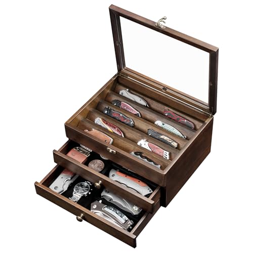 3 Tier Walnut Knife Display Case with Glass Lid and Drawers - Wooden Collection Holder