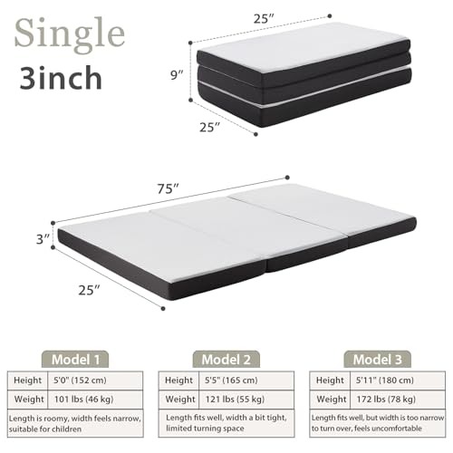 HUEIFY Single Tri-Fold Memory Foam Mattress 3-Inch Portable Foldable Bed