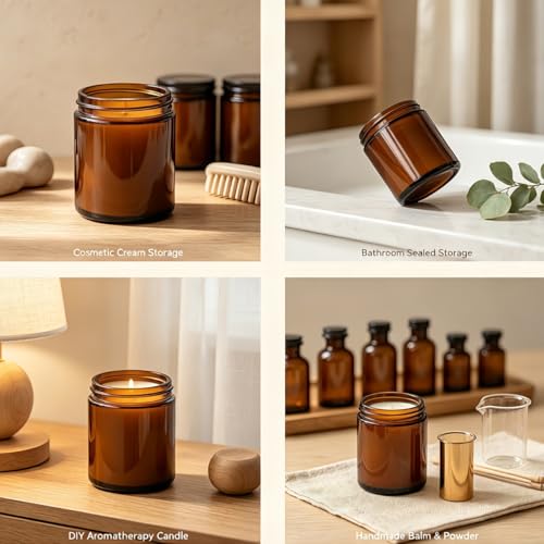 30 Pack Amber Glass Candle Jars Set with Black Lids - 8oz Food Storage & Candle Making Containers