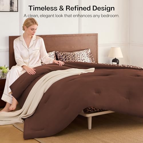 Queen Comforter Set Brown Leopard Reversible Satin Microfiber Bedding 3 Pieces - 10 Variation