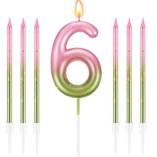 MTLEE Number 6 Pink and Green Birthday Candle with 6 Pcs Spiral Candles 5.12 Inch Pastel Cake Topper for Girls Witch Theme Party Decoration