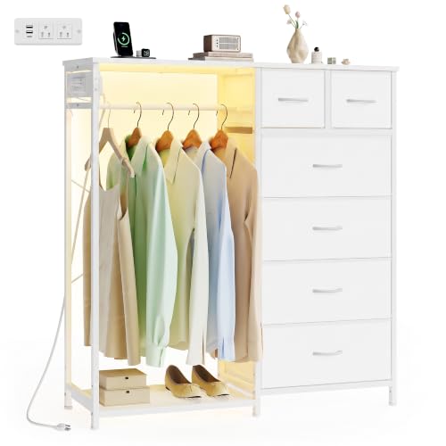 SONGMICS Closet Organizer with Hanging Rod & 6 Fabric Drawers - Cloud White, 13.8"D x 40.4"W x 46.3"H