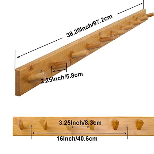 Wall Mounted Coat Rack 38 Inch Bamboo with 10 Hooks - Natural Shaker Style - Variation: Bamboo Gold / 38 Inch / 1