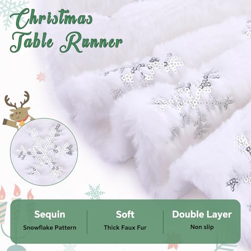 QueenDream Silver Snowflakes Faux Fur Table Runner 13x90 Inch for Christmas Decor