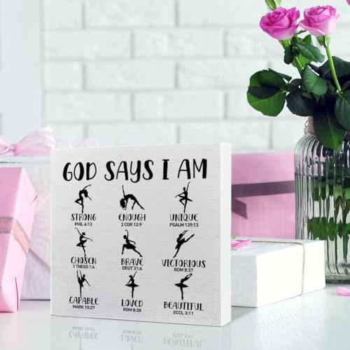 Inspirational Christian Ballet Wooden Box Sign Decor, Jesus Bible Verse Dance Decorations for Home Dance Studio, Ballet Gifts for Girls, Dancer Gifts, Gift for Dancer Ballerina, God Says I Am Strong