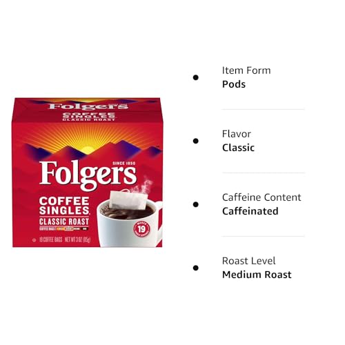 Folgers Medium Roast Coffee Singles Pack of 12 - 228 Single Serve Bags - Classic Roast / 19 Count