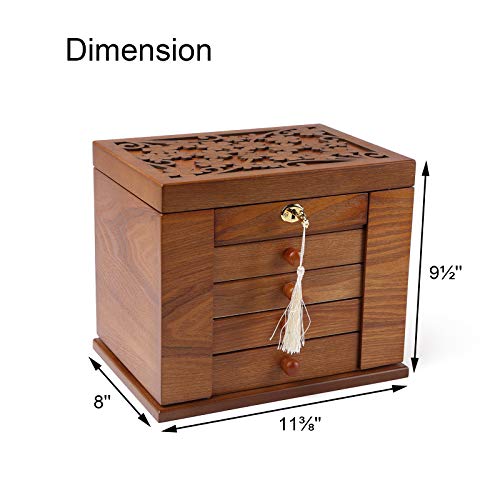 Changsuo Cherry Wooden Jewelry Box for Women Lockable Organizer with Mirror and Compartments
